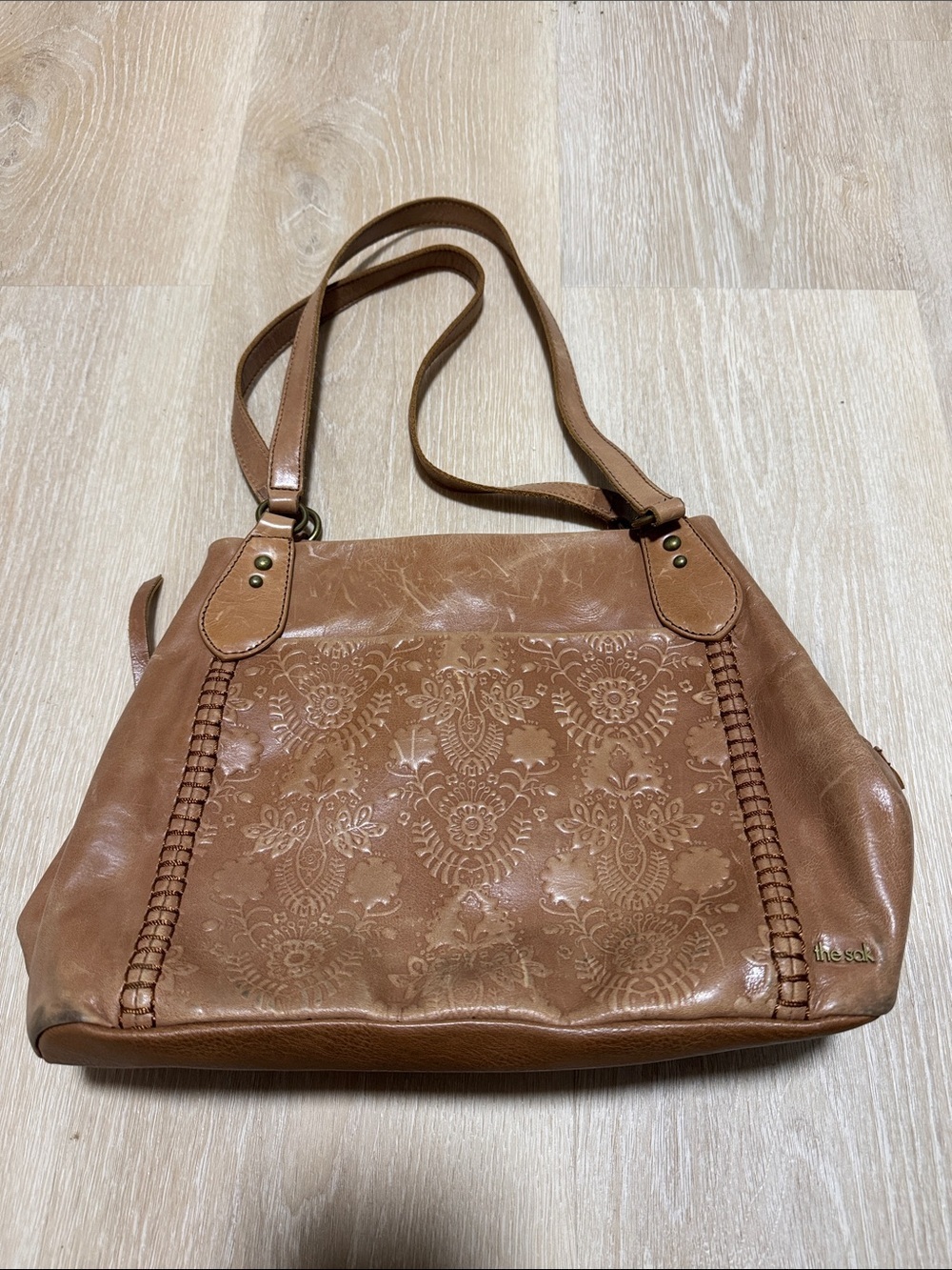 The Sak Caramel Embossed Leather Shoulder Bag